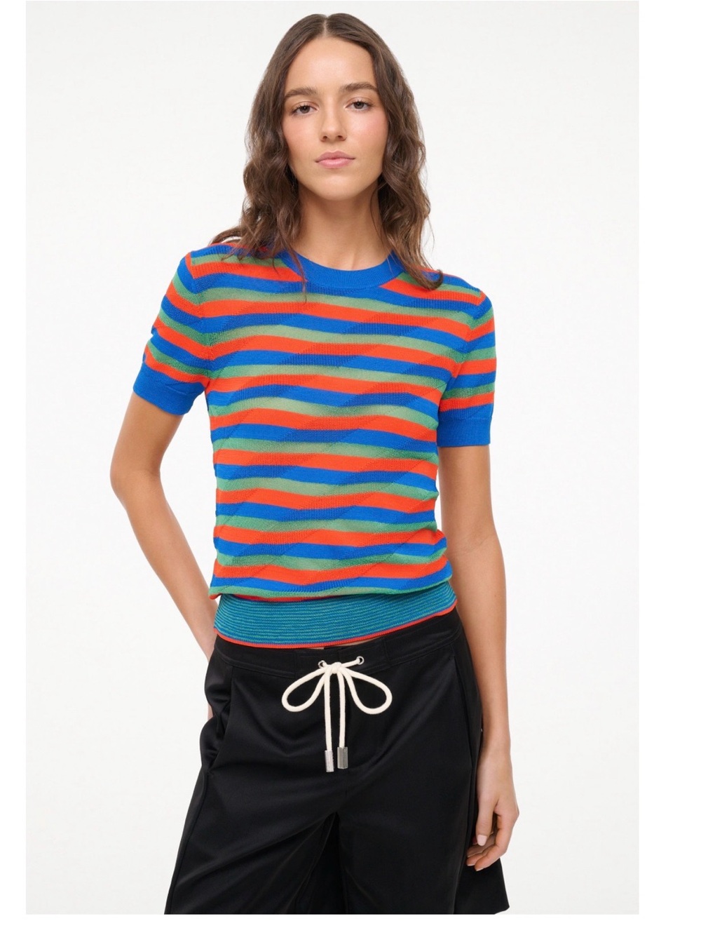 Striped Short-Sleeve Knit Top in Blue, Green & Orange